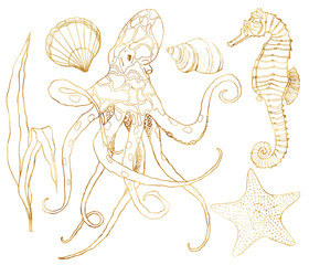 Vector set with underwater wildlife. Hand painted golden octopus, seahorse, starfish and shell isolated on white background. Aquatic line art illustration for design, print or background.