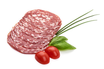 Salami smoked sausage, Traditional dry-cured Milano salami, close-up, isolated on white background