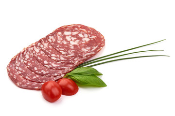 Sliced Dried sausage or salami, smoked meat, close-up, isolated on white background