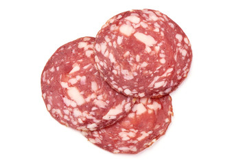 Smoked Salami Sausage, Traditional dry-cured meat, top view, isolated on white background
