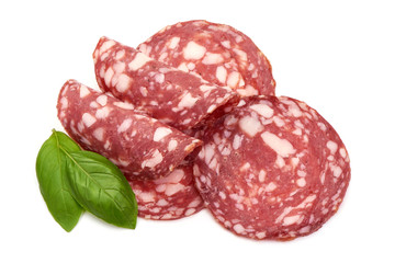 Salami smoked sausage, Traditional dry-cured Milano salami, top view, isolated on white background