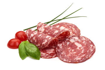 Sliced Dried sausage or salami, smoked meat, close-up, isolated on white background