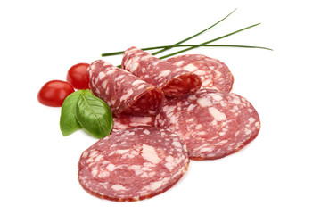 Smoked Salami Sausage, Traditional dry-cured meat, close-up, isolated on white background