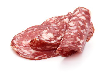 Salami smoked sausage, Traditional dry-cured Milano salami, close-up, isolated on white background