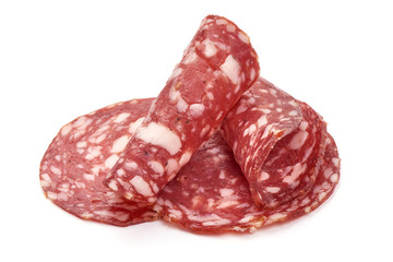 Salami smoked sausage, Traditional dry-cured Milano salami, close-up, isolated on white background