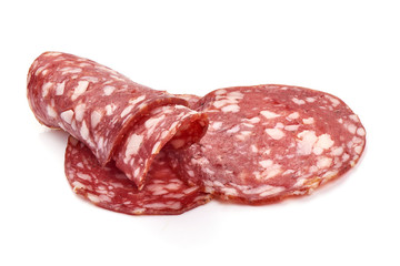 Smoked Salami Sausage, Traditional dry-cured meat, close-up, isolated on white background