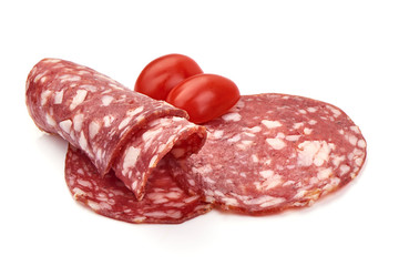 Salami smoked sausage, Traditional dry-cured Milano salami, close-up, isolated on white background
