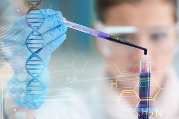 Young female Laboratory scientist working at lab with test tubes and microscope, test or research...