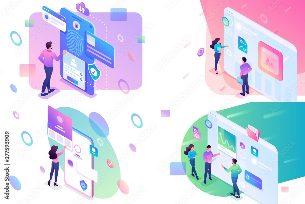 Wall mural Set isometric concept, young teenagers working on a tablet and on a mobile phone screen. concepts for website and mobile website development