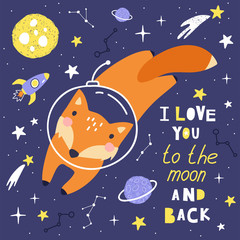 Cute card with fox astronaut, planets, stars and comets. Space Background for Kids. Can be use for typography posters, cards, flyers, banners, baby wears. Vector