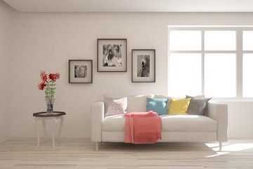 Stylish room in white color with sofa. Scandinavian interior design. 3D illustration