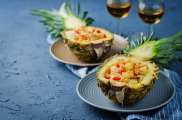 Bacon chicken pine apple vegetables fried rice in pineapples