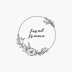Hand Drawn Round Floral Frame with Leaves and Herbs and place for text.