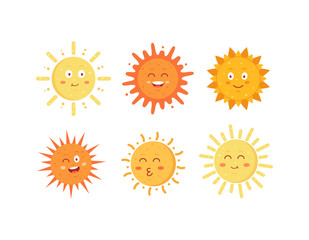 Funny vector hand drawn suns. Cute sun emoticons icons set. Summer sunny faces emoji collection.