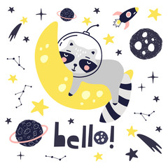 Cute card with raccoon astronaut, planets, stars and comets. Space Background for Kids. Can be use for typography posters, cards, flyers, banners, baby wears. Vector