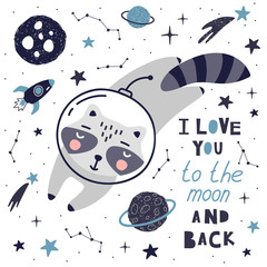 Cute card with raccoon astronaut, planets, stars and comets. Space Background for Kids. Can be use for typography posters, cards, flyers, banners, baby wears. Vector