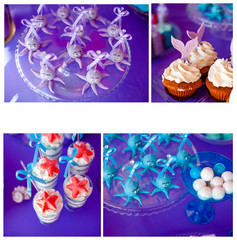 Sea and summer time theme for party or birthday. Collage of five pictures of sweets, cupcakes, pop cakes