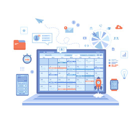 Time Management, organization, planning schedule, distribution of tasks. Laptop with schedule on the screen. Application for computer, phone and smart watches. Vector illustration on white background.
