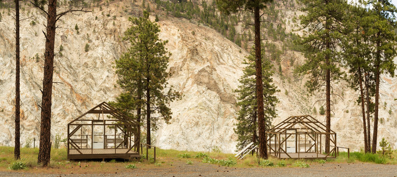 Canada, BC, Lytton.  Holiday camp  structures in the off season.  Thompson River Canyon