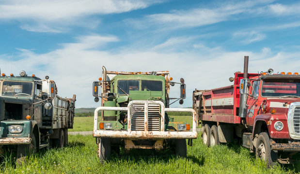 Canada, Alberta, Turner Valley.  Antique farm trucks