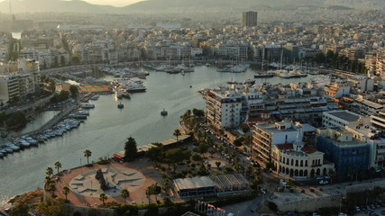 Aerial photo of famous picturesque area of Marina Zeas or Passalimani in the heart of Piraeus, Attica, Greece