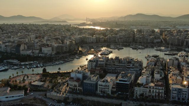 Aerial photo of famous picturesque area of Marina Zeas or Passalimani in the heart of Piraeus, Attica, Greece