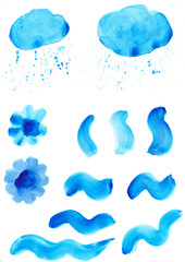Spot of painted watercolor color in blue on a white background, hand drawing. Blue spot with watercolor with blue spots