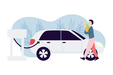 Man charging electric car. Man with grocery bag. Ecology protection concept. Alternative transportation idea. Modern flat vector illustration