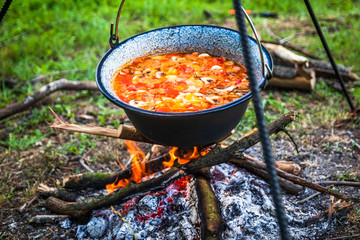 Cooking outdoor on a fire in a pot. Preparing  goulash in a nature by the lake.