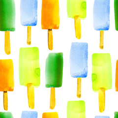 Illustration with ice pop. Colorful watercolor seamless pattern with ice cream on a stick.