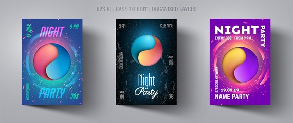 Flyer or poster design template for musical night party. Modern abstract background in the style of cut paper. Yin Yang sign. Banner layout for disco club,dance event,concert, show.Vector illustration