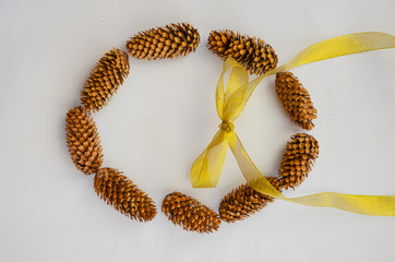 red bow pine cones on a white background