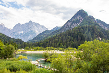 Fototapeta na wymiar View of Jasna lake in Julian Alps, Slovenia