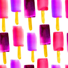 Illustration with ice pop. Colorful watercolor seamless pattern with ice cream on a stick.