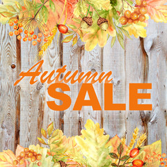 Beautiful bright Autumn Sale banner. Autumn colors forest leaves Frame on wooden background. Watercolor autumn leaf hand drawn illustration.