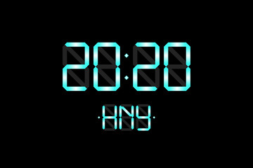 Happy New Year card with lcd electronic display clock numbers 2020 and HNY light blue gradient letters on black background. Merry Christmas vector illustration