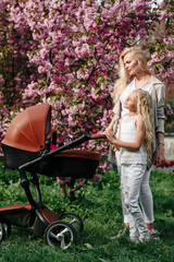 beautiful young mother with a senior daughter with a baby carriage walks in the park in spring