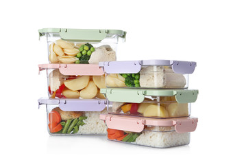 Plastic boxes with fresh prepared meal isolated on white