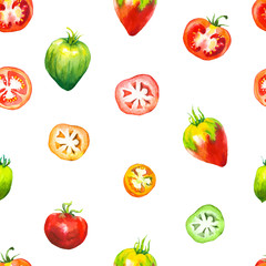 Vegetables watercolor set. Seamless pattern. Fresh organic food. Set of different kinds of tomatoes: green, orange and red colors. Simple painting sketch.