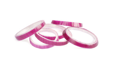 Sliced red onion rings on white background