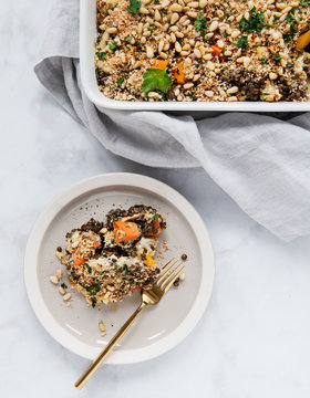 Lentil vegetable Casserole with herbs and pine nuts