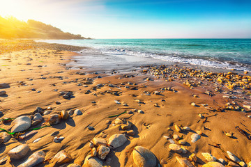 Fantastic view azure sea glowing by sunlight