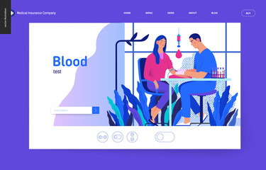 Medical tests Blue template - blood test - modern flat vector concept digital illustration of blood test procedure - patient and doctor with syringe and test tubes, medical office or laboratory