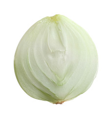 Slice of fresh ripe onion on white background
