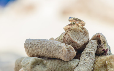 Marriage rings on the rock with sea
