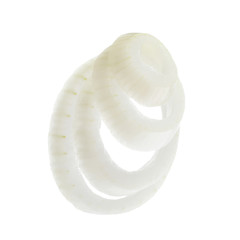 Fresh raw onion rings on white background