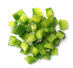 Pile of chopped green bell pepper on white background, top view