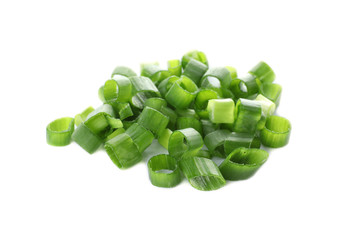 Cut fresh green onion on white background