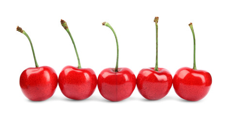 Row of ripe sweet cherries on white background