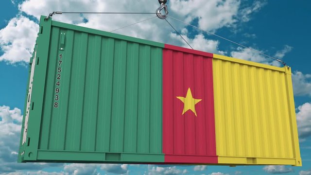 Container with flag of Cameroon. Cameroonian import or export related conceptual 3D animation
